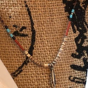 Sterling silver feather /turquoise beads necklace